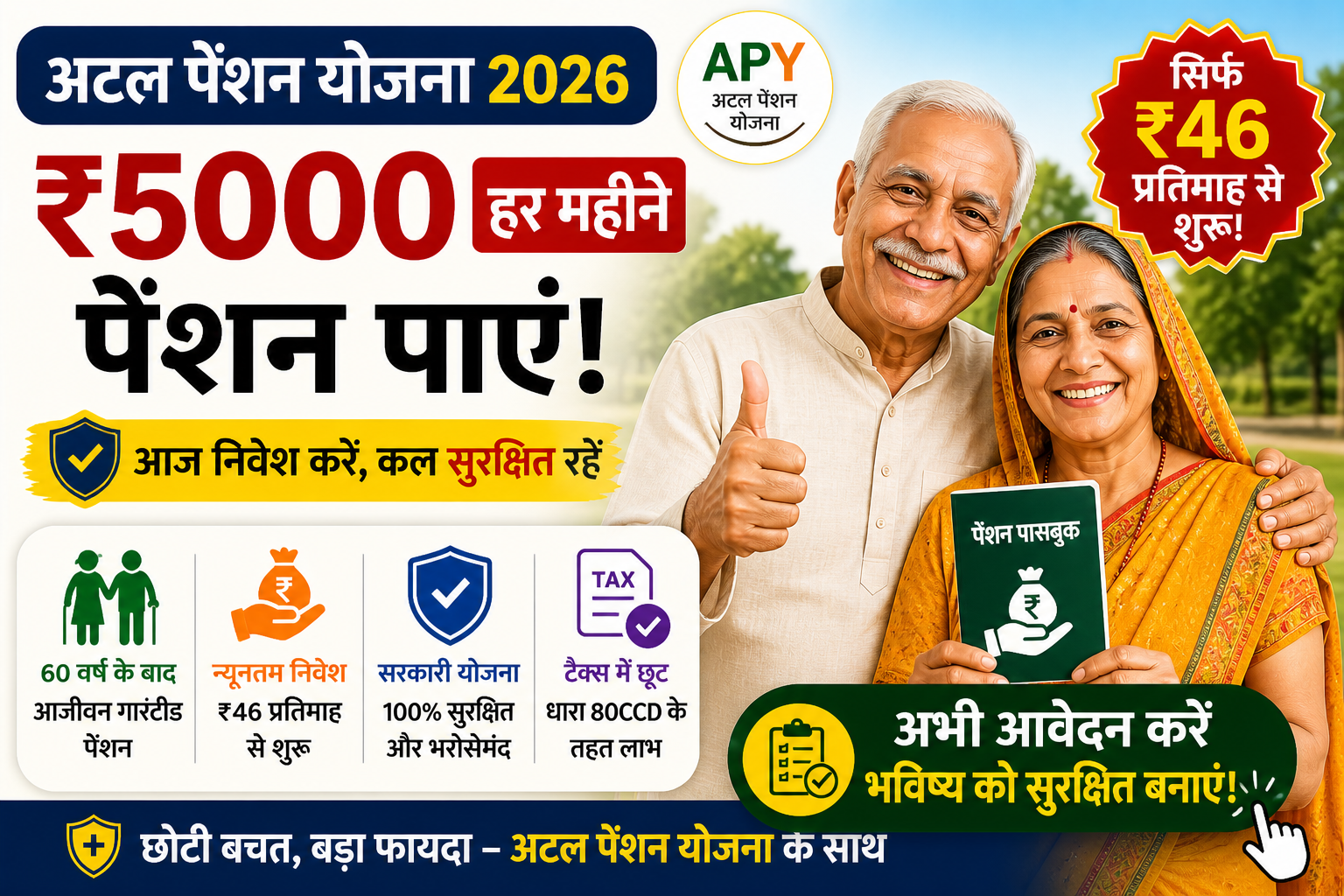 Atal Pension Yojana 2026 image showing ₹5000 monthly pension benefit with low monthly contribution for Indian citizens