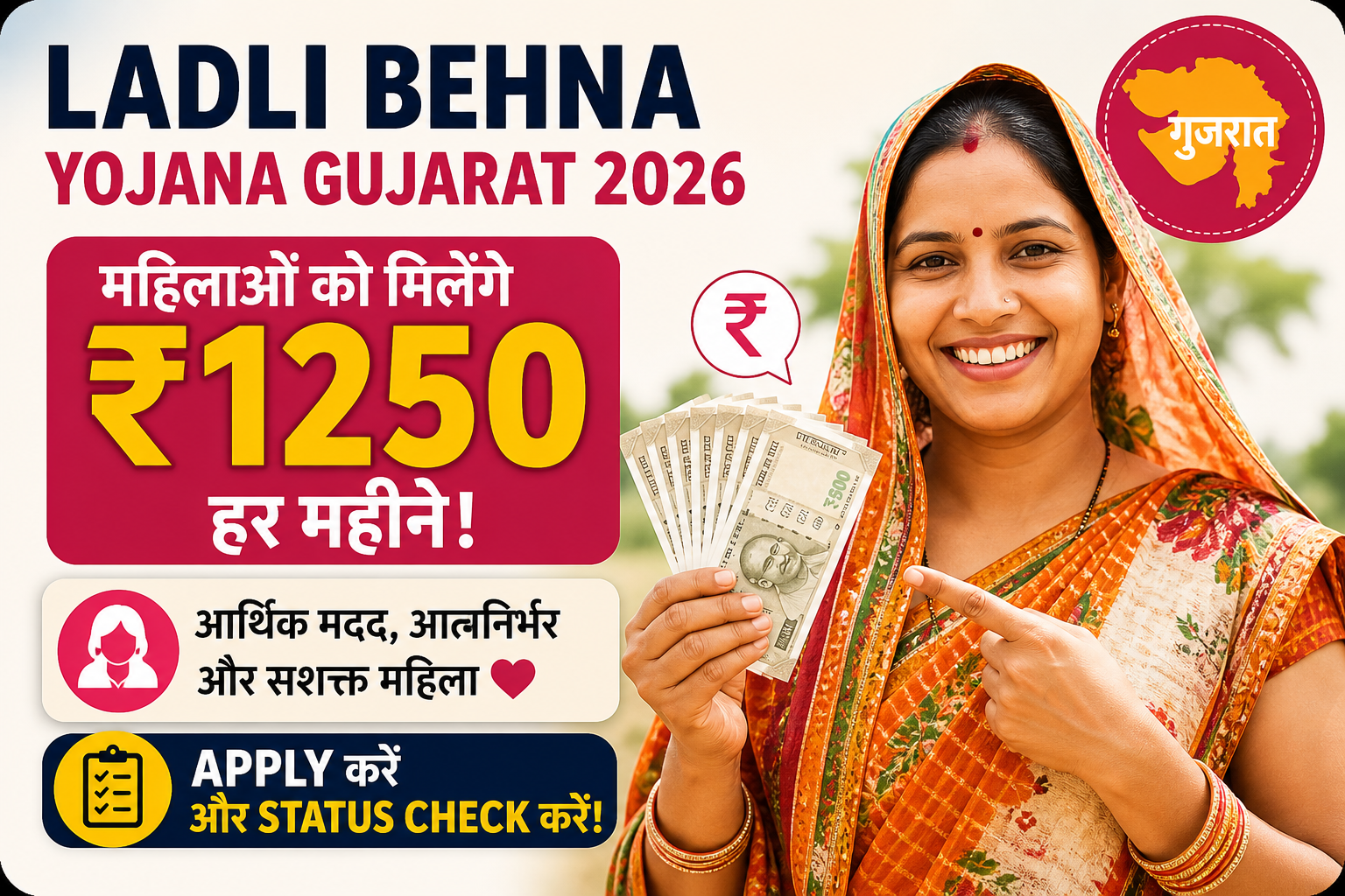 Ladli Behna Yojana Gujarat 2026 ₹1250 प्रति माह महिलाओं को आर्थिक सहायता योजना