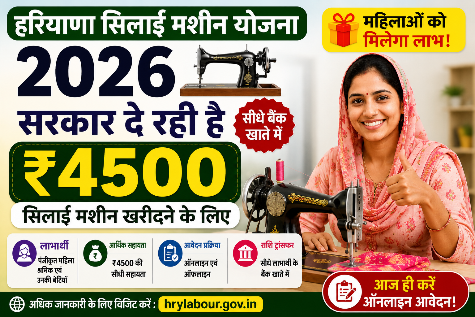 Haryana Silai Machine Yojana 2026 image showing ₹4500 financial assistance for sewing machine to registered women workers in Haryana