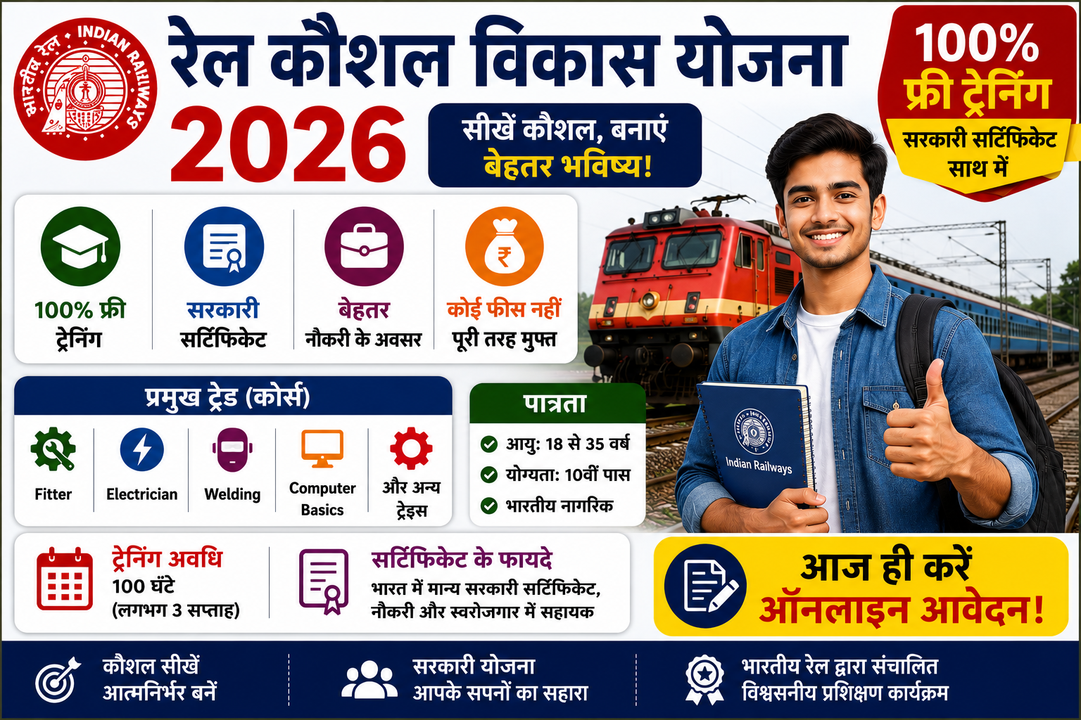 Rail Kaushal Vikas Yojana 2026 image showing free railway skill training and government certificate for youth in India