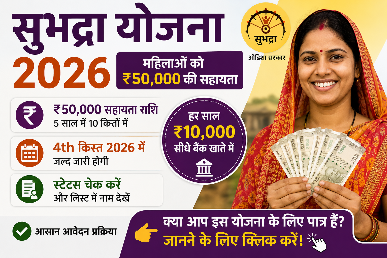 Subhadra Yojana 2026 image showing Odisha women financial assistance scheme with ₹50000 support and installment updates