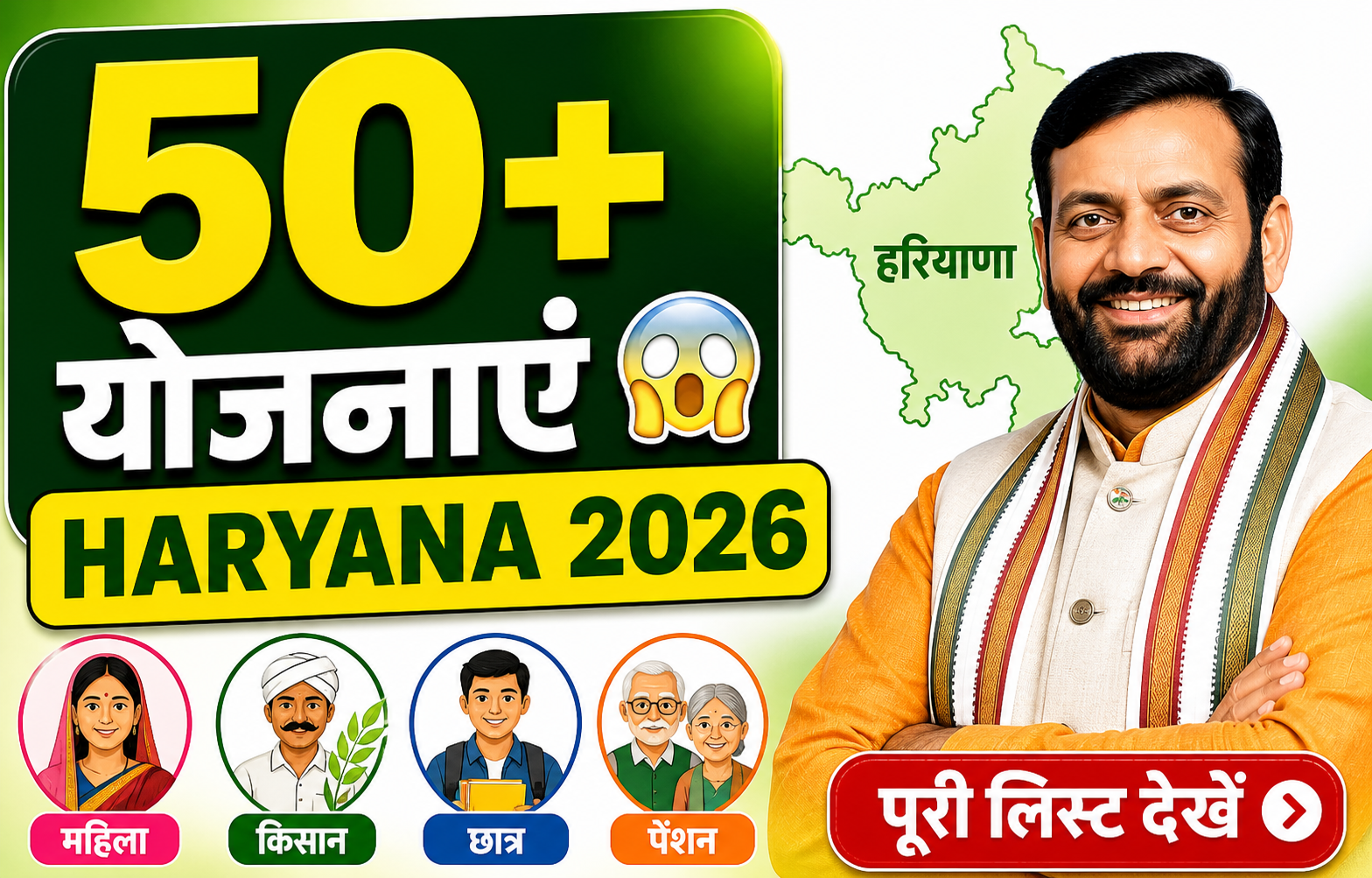 हरियाणा सरकारी योजना 2026 लिस्ट की इमेज जिसमें 50 से अधिक योजनाएं, महिला, किसान, छात्र और पेंशन योजनाओं की जानकारी दिखाई गई है