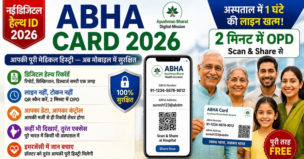 ABHA Card 2026 — एक व्यक्ति अस्पताल के OPD काउंटर पर मोबाइल से QR कोड स्कैन करके 2 मिनट में रजिस्ट्रेशन करा रहा है, बिना लंबी लाइन में खड़े हुए