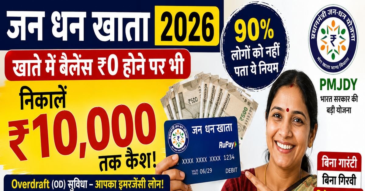 Jan Dhan Account Overdraft 2026 — एक ग्रामीण महिला खुशी-खुशी बैंक के ATM से पैसे निकाल रही है, स्क्रीन पर '₹10,000 Overdraft Approved' लिखा है और पास में रुपे (RuPay) कार्ड बना है