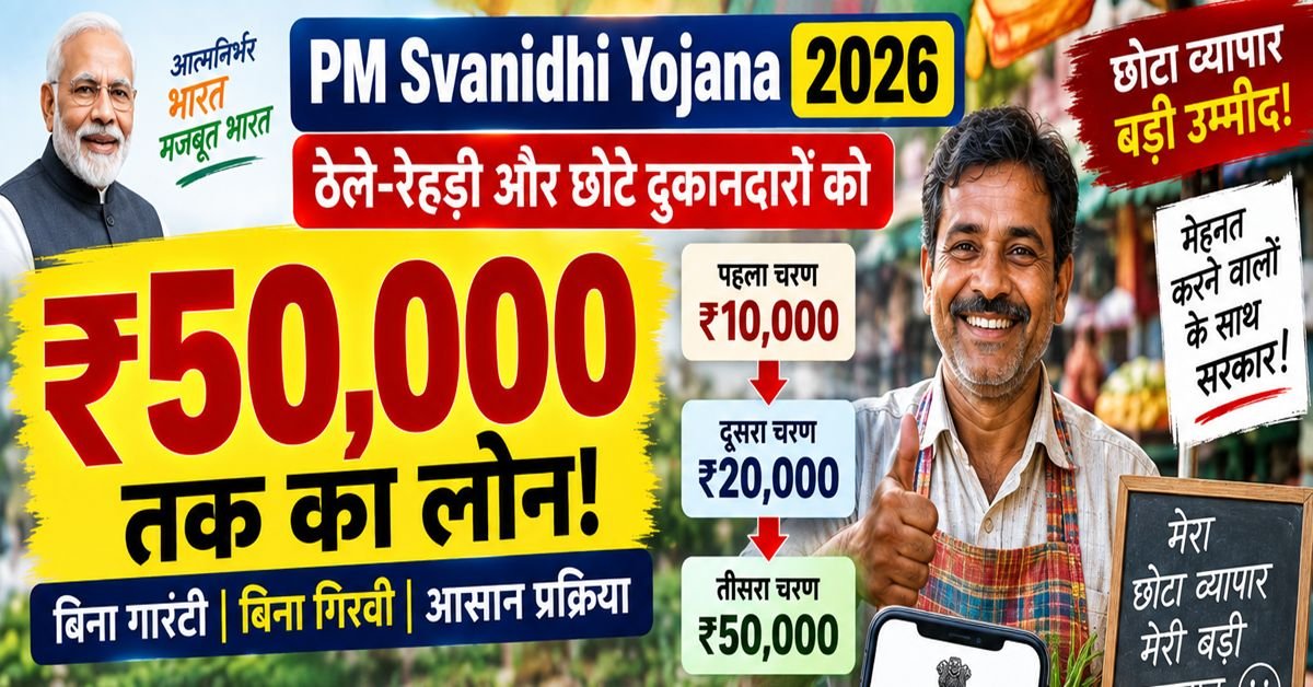 PM Svanidhi Yojana 2026 — एक खुशहाल सब्जी वाला अपने ठेले पर खड़ा होकर फोन में बैंक का मैसेज दिखा रहा है, ऊपर '₹50,000 तक का बिना गारंटी लोन' लिखा है